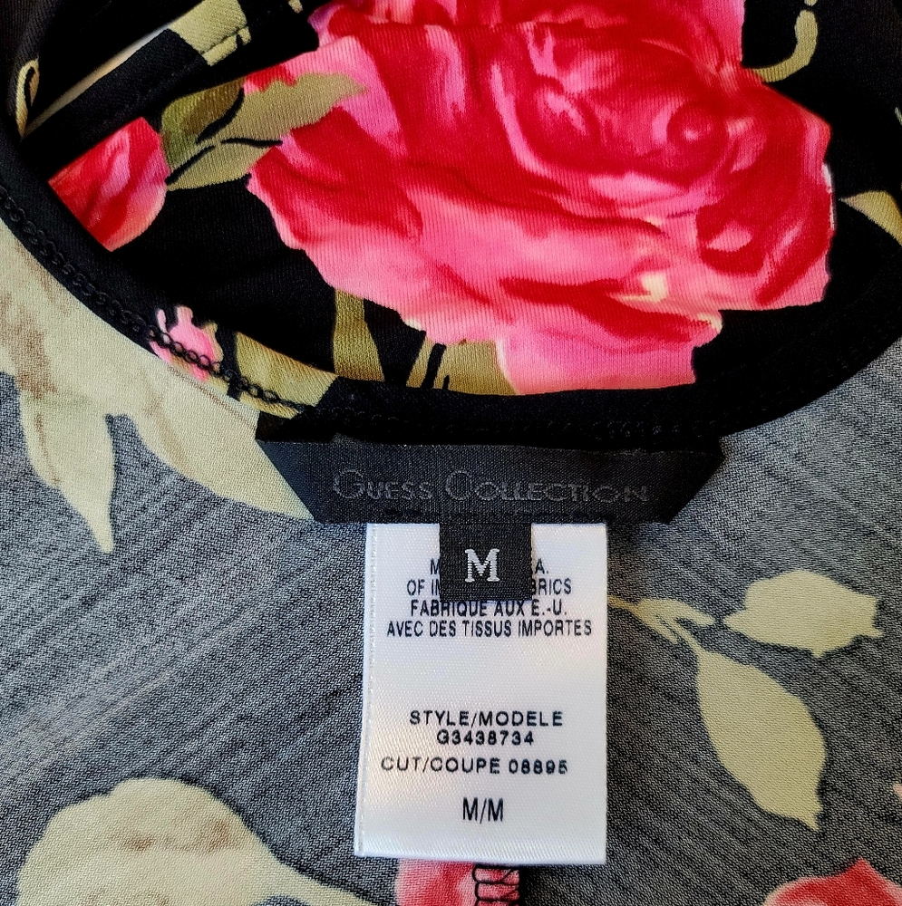 NWOT Guess Collection Mid-Length Dress Black W/Roses Print Asymmetrical Front M - Picture 3 of 8